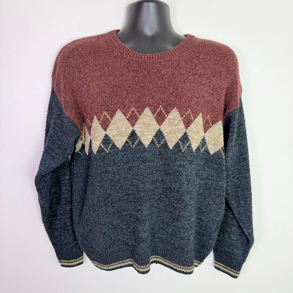 Vintage 90s Hunt Club Argyle Crewneck Sweater Men's Med Silk Cotton Grandpacore - Picture 2 of 11